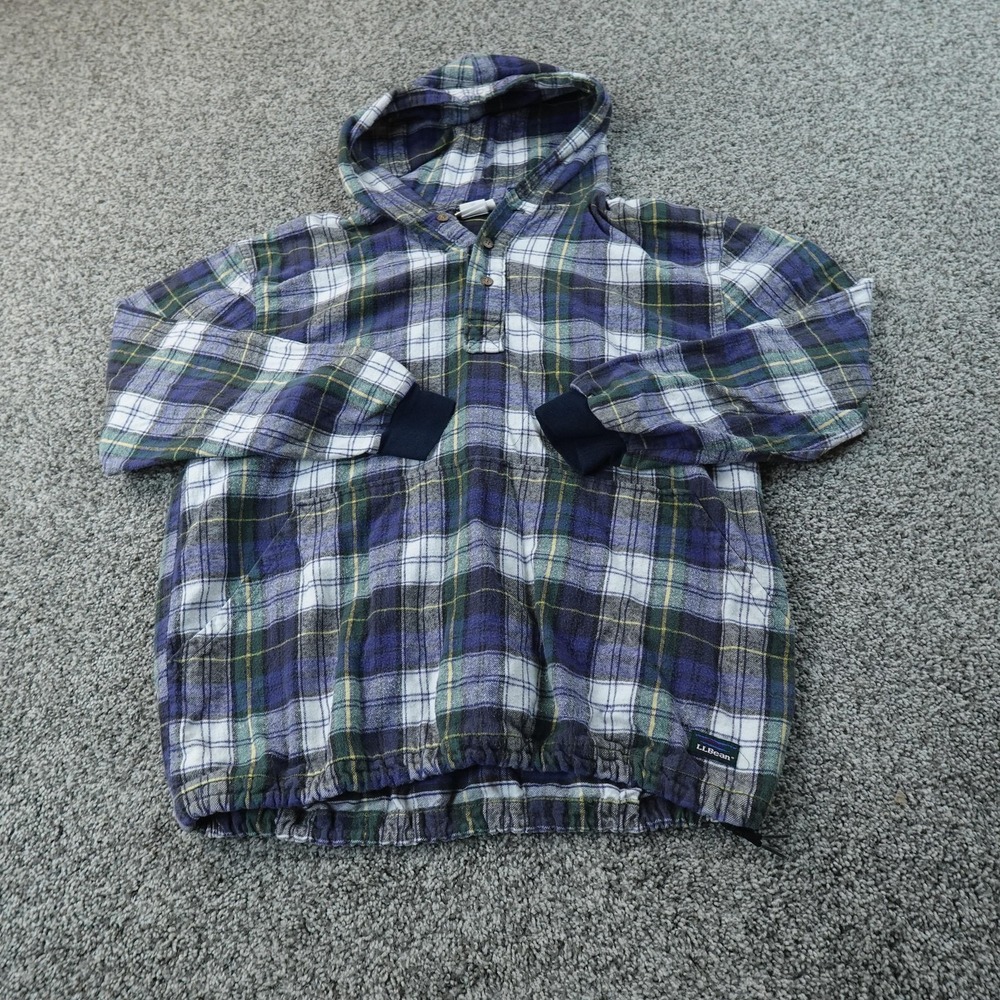 VTG LL Bean Hoodie Mens S Blue Scotch Plaid Flannel Pullover Henley Jacket USA